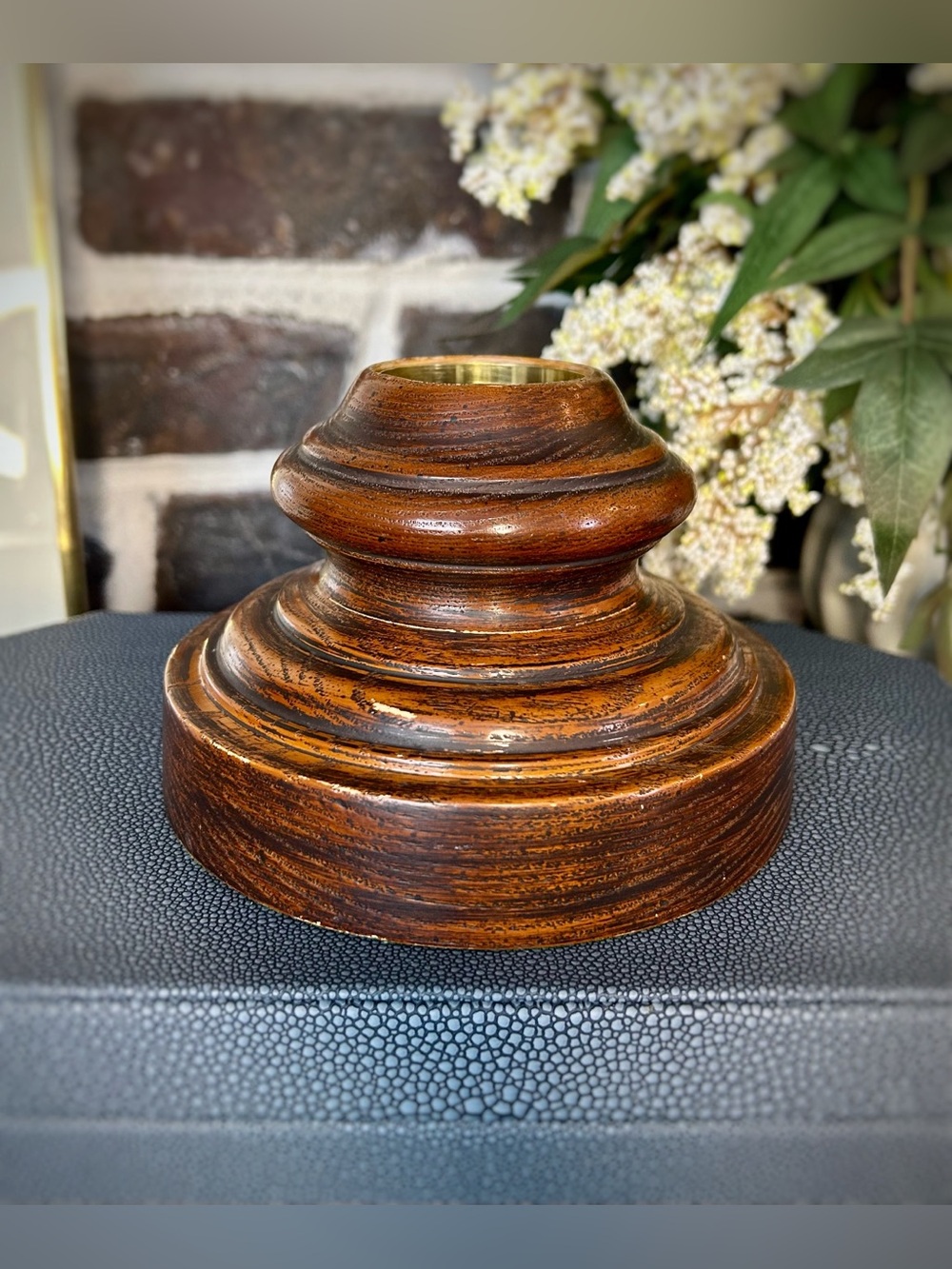 Vintage Turned Hardwood Candlestick Holder with Brass Insert | Colonial Revival